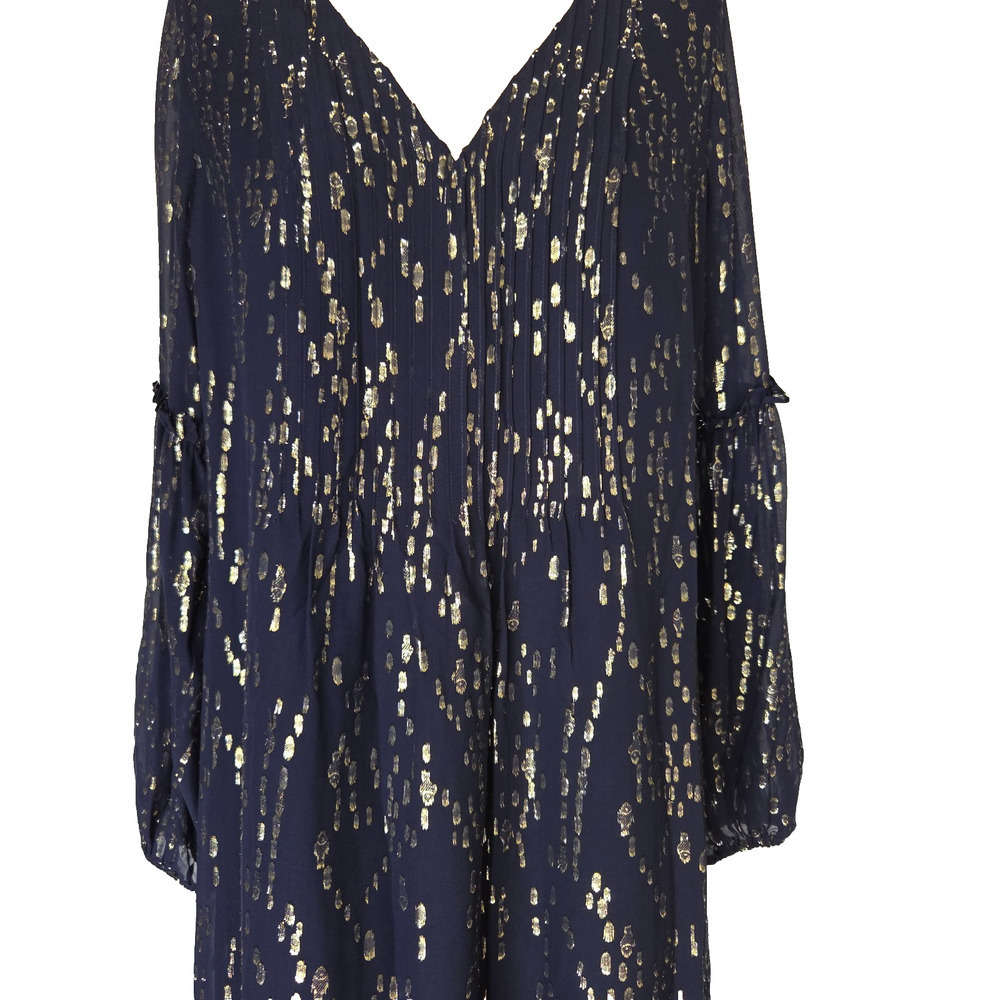 Lilly Pulitzer Cleme Long Sleeve Silk Dress Size 12 Navy Blue Metallic V Neck - Picture 4 of 10
